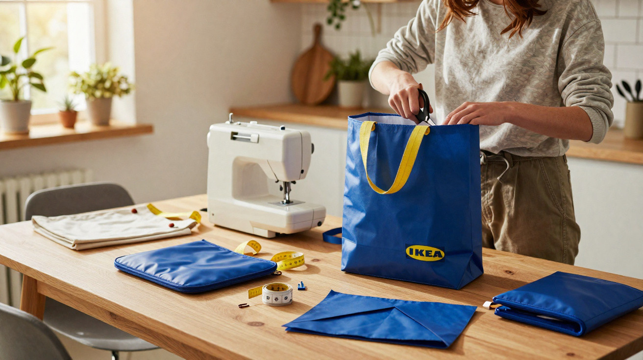 Person cutting a blue IKEA bag on a wooden table with sewing materials and a sewing machine nearby.