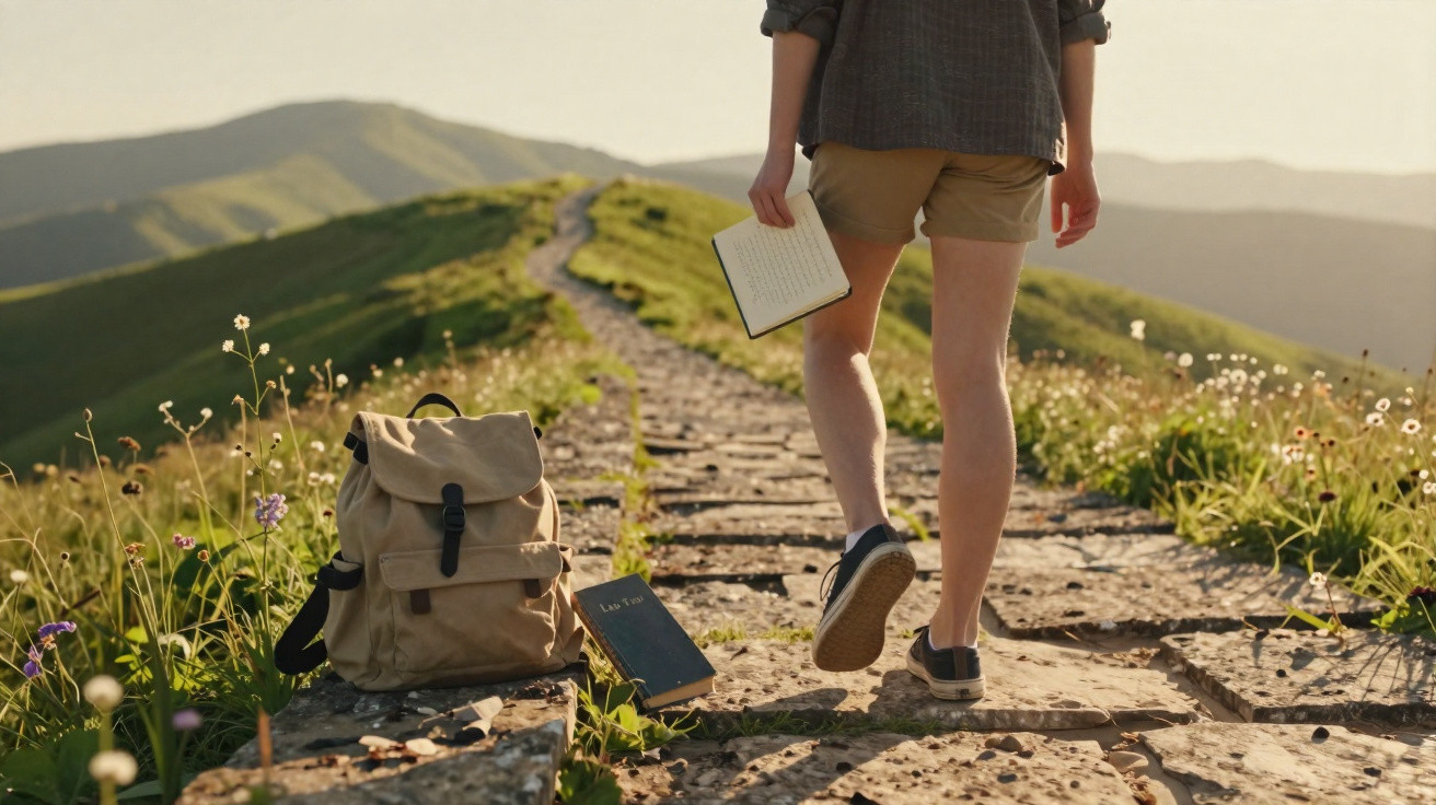 Person walking on a stone path in the countryside holding a notebook, with a backpack and book on the ground nearby.