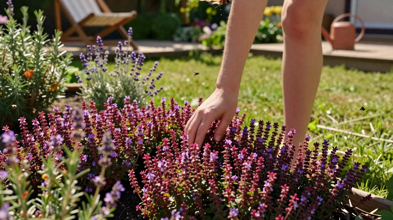 Person reaching into a vibrant garden bed filled with purple and pink flowering plants on a sunny day.