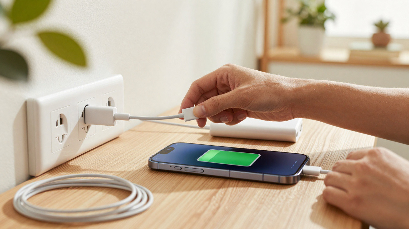 Person plugging a charging cable into a power socket with a smartphone charging on a wooden table.