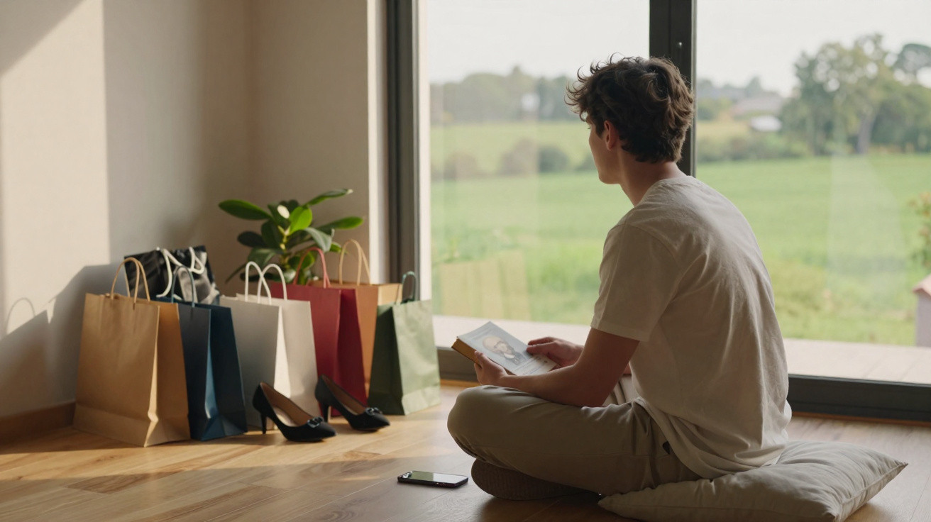 Young man sitting on a cushion reading a book by a large window beside shopping bags and high heels.