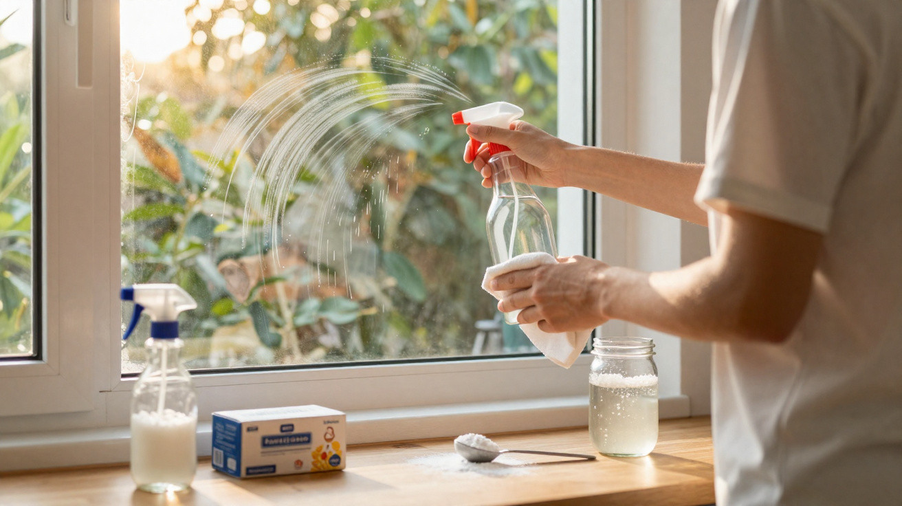 Person spraying cleaning solution on a window with cleaning supplies on the wooden windowsill.