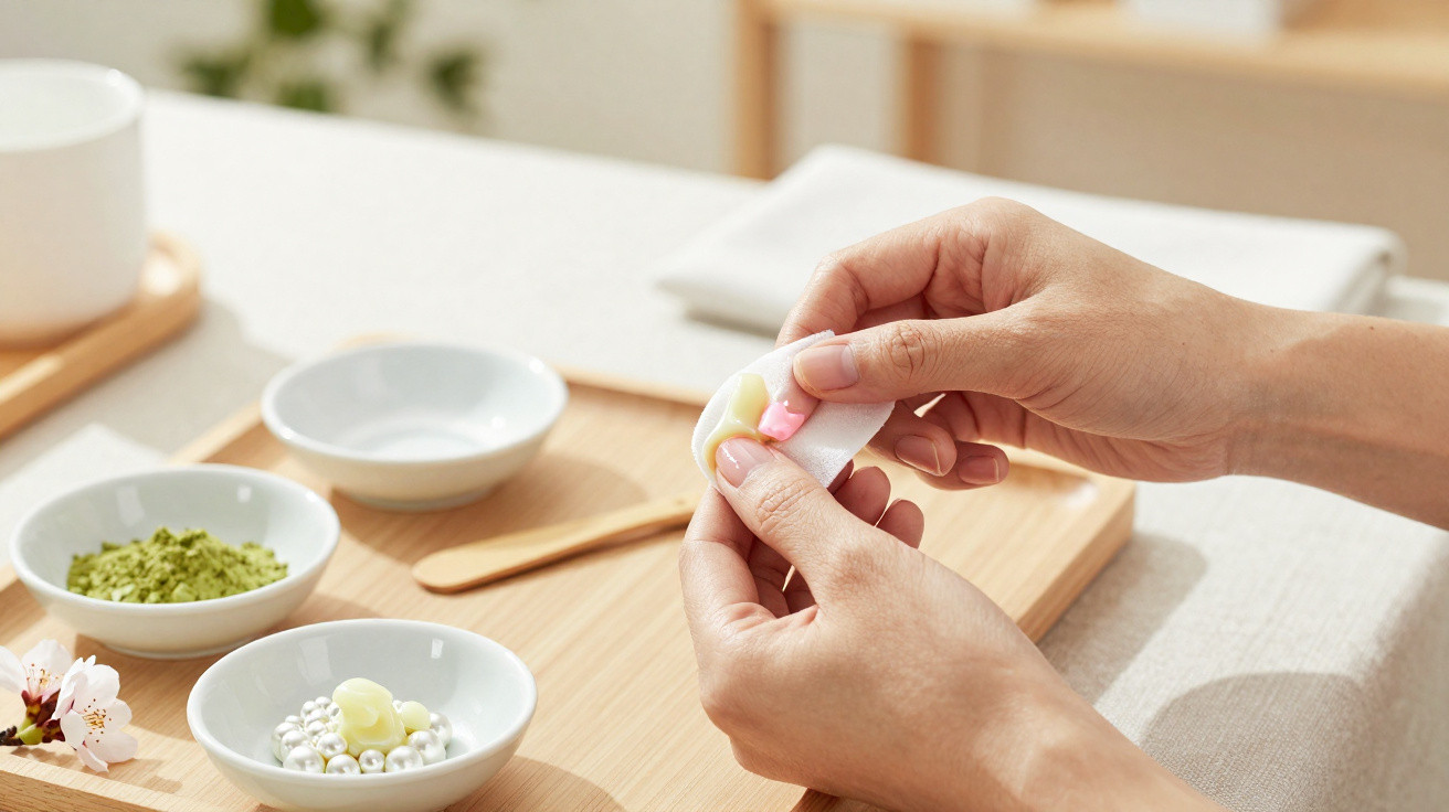 Hands applying skincare cream on a cotton pad with bowls of natural ingredients on a wooden tray nearby.