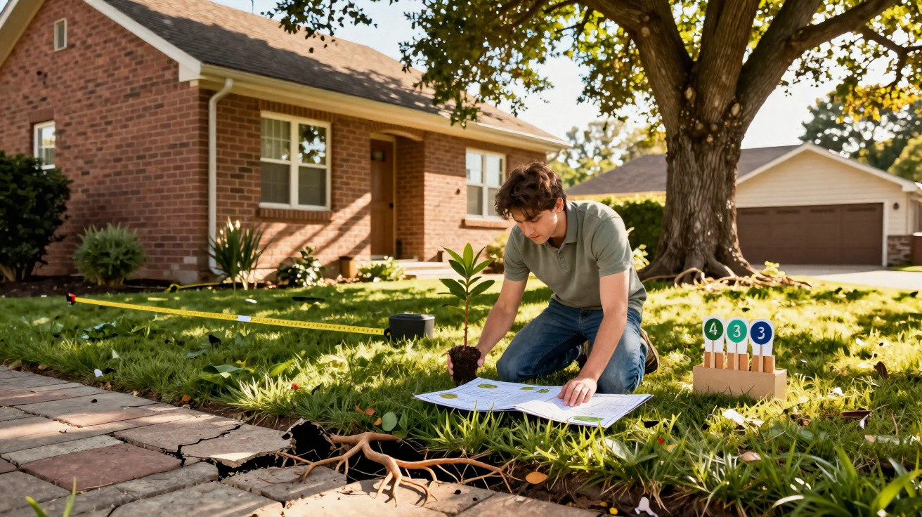 Young man kneeling on lawn planting a small tree in front of a brick house on a sunny day.