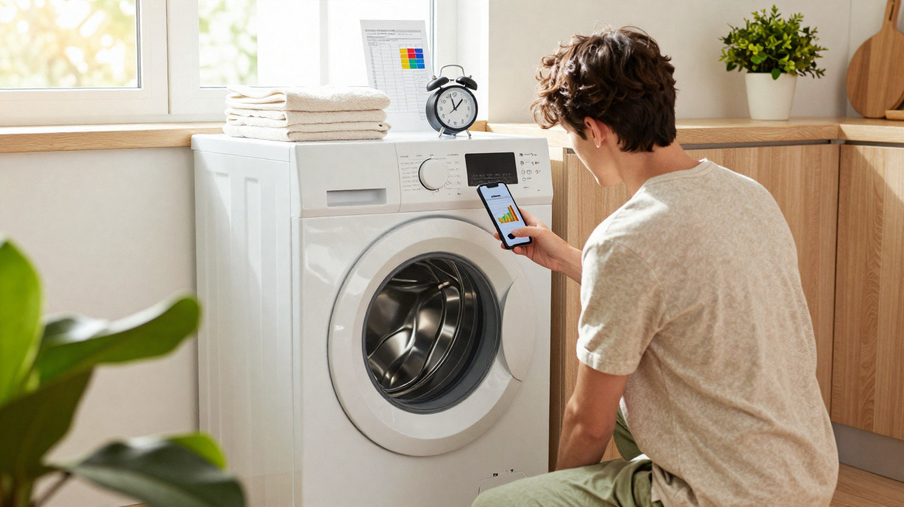 Young man controlling a front-loading washing machine with a smartphone in a bright laundry room.
