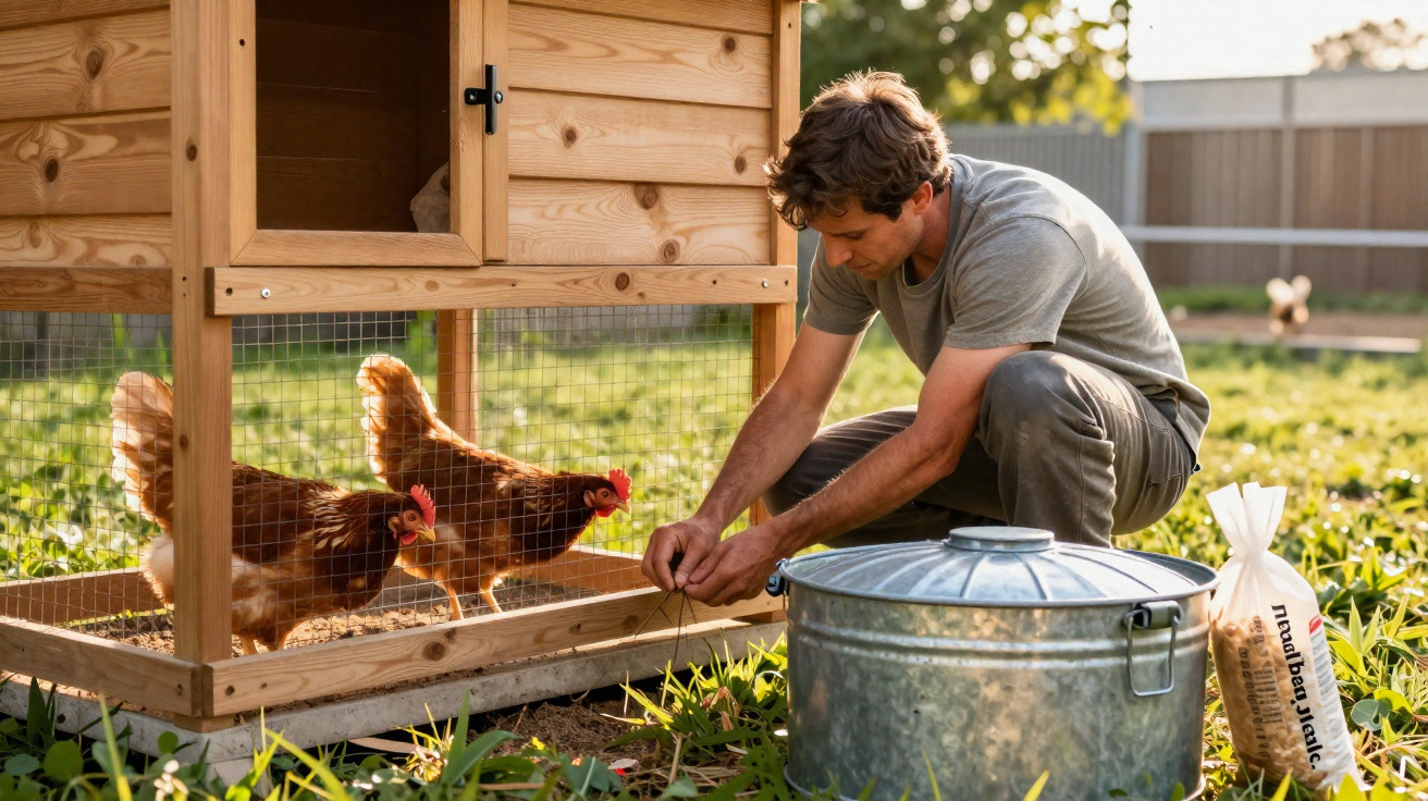 Man tending to two chickens in a wooden coop outdoors with a metal feed container and bag of grains nearby.