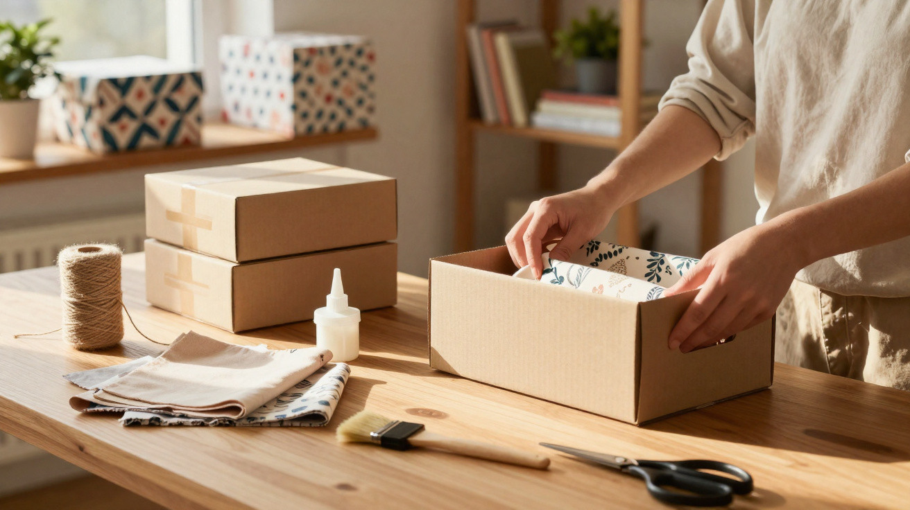 Person wrapping a gift box with patterned paper on a wooden table with packing supplies nearby.