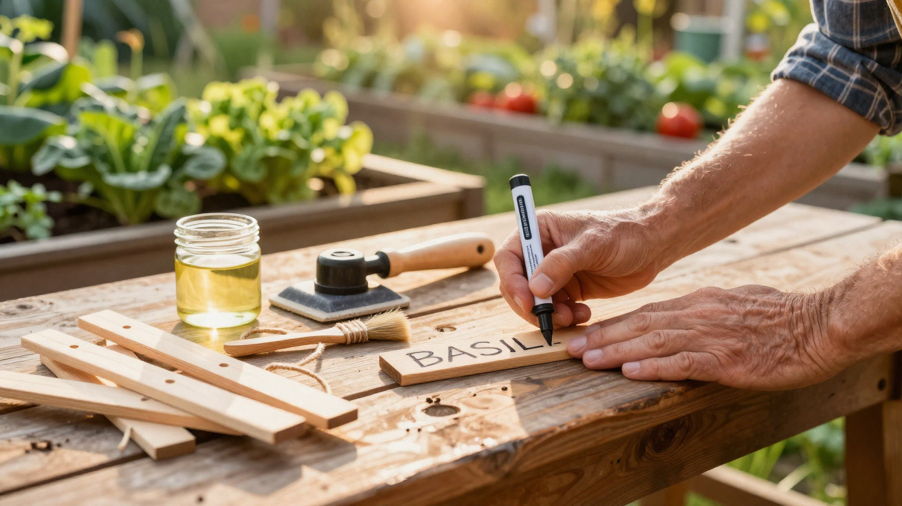 Person writing "Basil" on a wooden garden label on a workbench with tools and plants nearby.