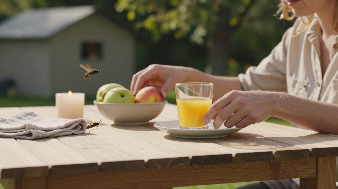Person reaching for fruit on wooden table with wasps flying nearby and a glass of orange juice on a saucer