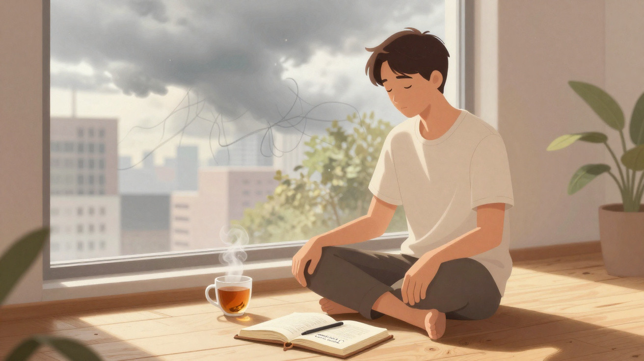 Young person sitting cross-legged on floor by window with open notebook and steaming cup of tea.