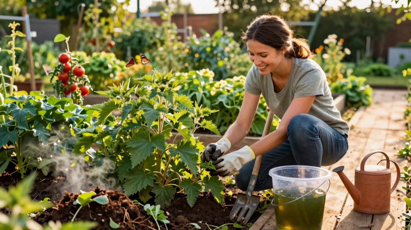 Young woman gardening in a sunny allotment with plants, butterflies, watering can and gardening tools nearby.