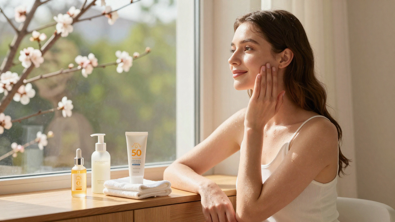 Young woman touching her face sitting by a window with skincare products and a blooming branch nearby.