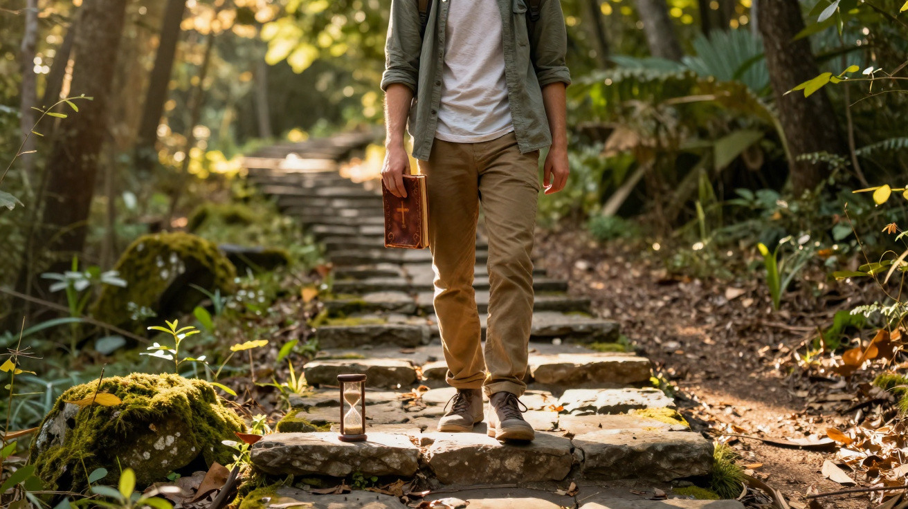 Person holding a Bible and walking on a stone path in a sunlit forest with an hourglass beside them.