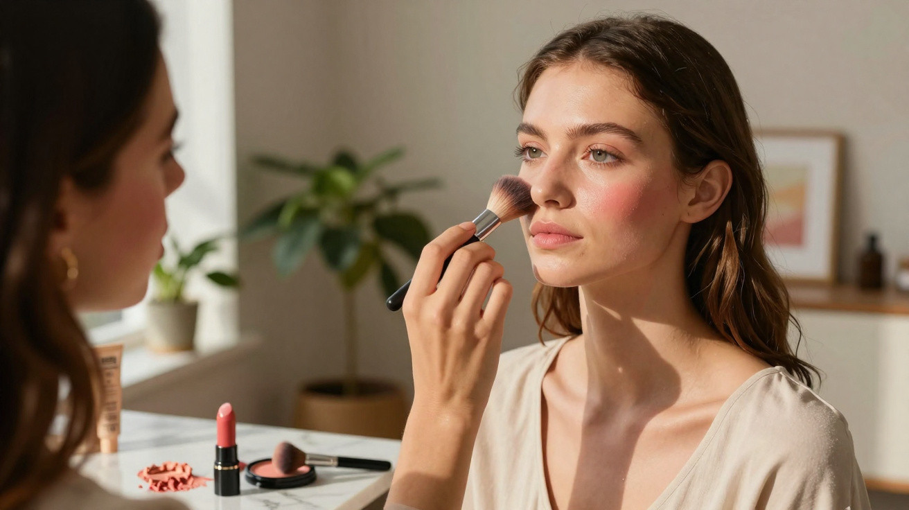 A woman applying blush with a brush on another woman's cheek in a sunlit room.