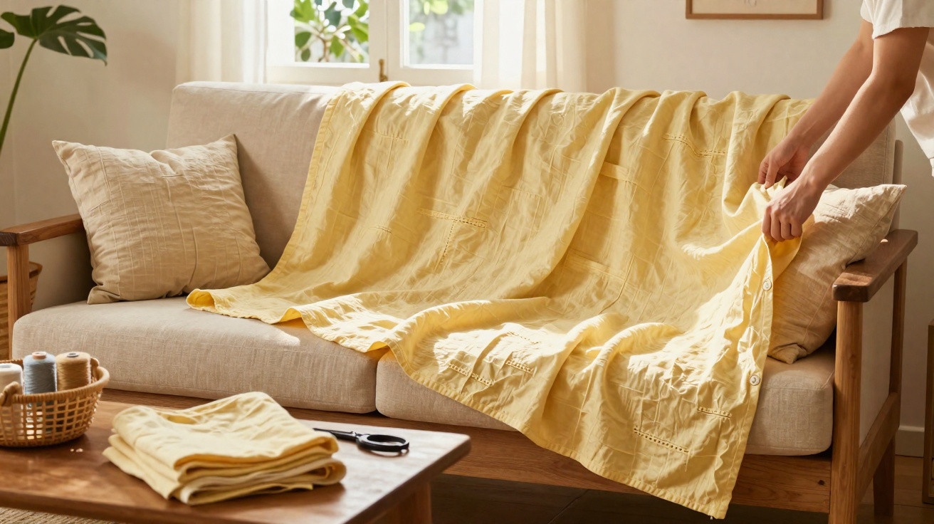 Person spreading a soft yellow throw over a beige sofa in a sunlit living room with wooden furniture.