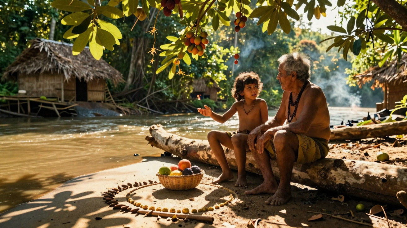 Elderly man and young boy sitting on a log by a river with fruit basket and huts nearby in a forest.