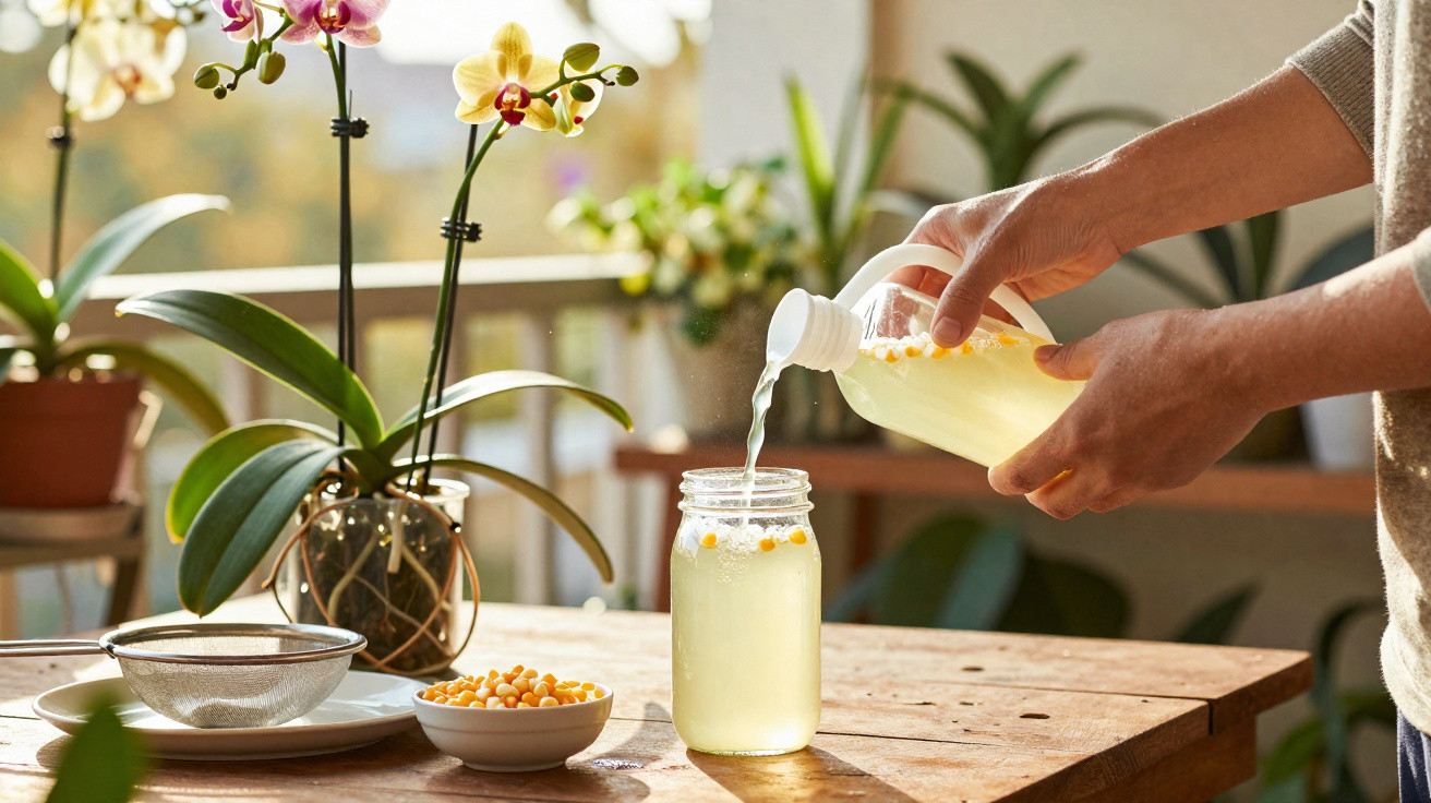 Person pouring sea buckthorn juice into a glass jar on a wooden table with orchids in the background.