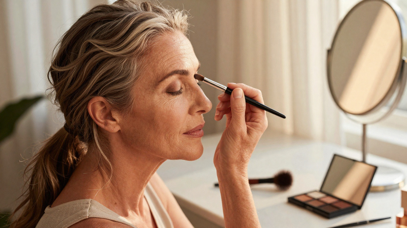 Mature woman with ponytail applying eyeshadow with a brush in front of a mirror on a bright vanity table.