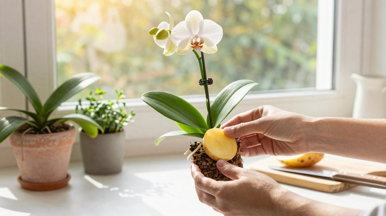 Hands holding an orchid with roots, inserting a potato slice, near a sunlit window with potted plants.