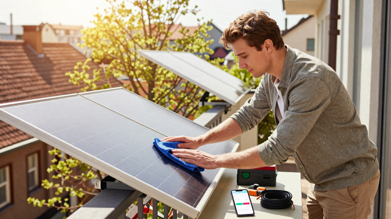 Man cleaning solar panels on a balcony with a cloth and smartphone nearby on the table.
