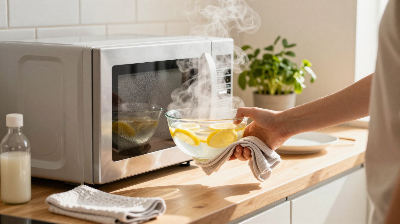 Hand holding steaming bowl of lemon water taken out of microwave on wooden kitchen counter.