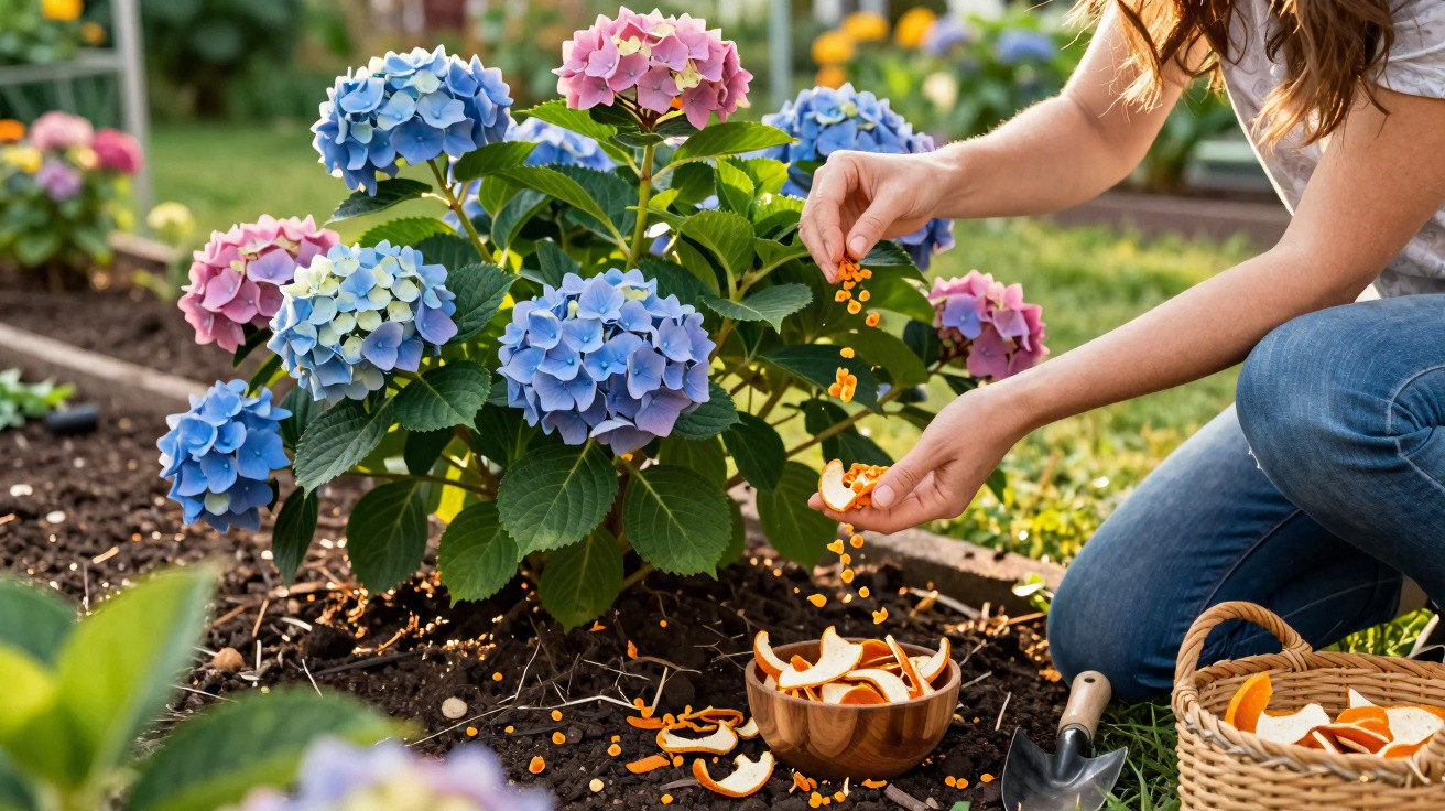 Person spreading orange peel mulch around blue and pink hydrangea flowers in a garden bed.