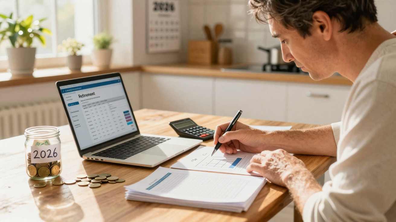 Man calculating retirement savings at wooden table with laptop, documents, coins, and calculator in bright kitchen.