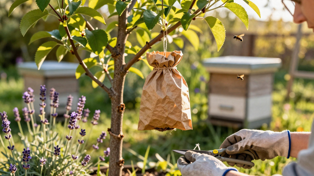 A person tending a tree with a brown paper bag trap hanging and bees flying nearby in a garden.