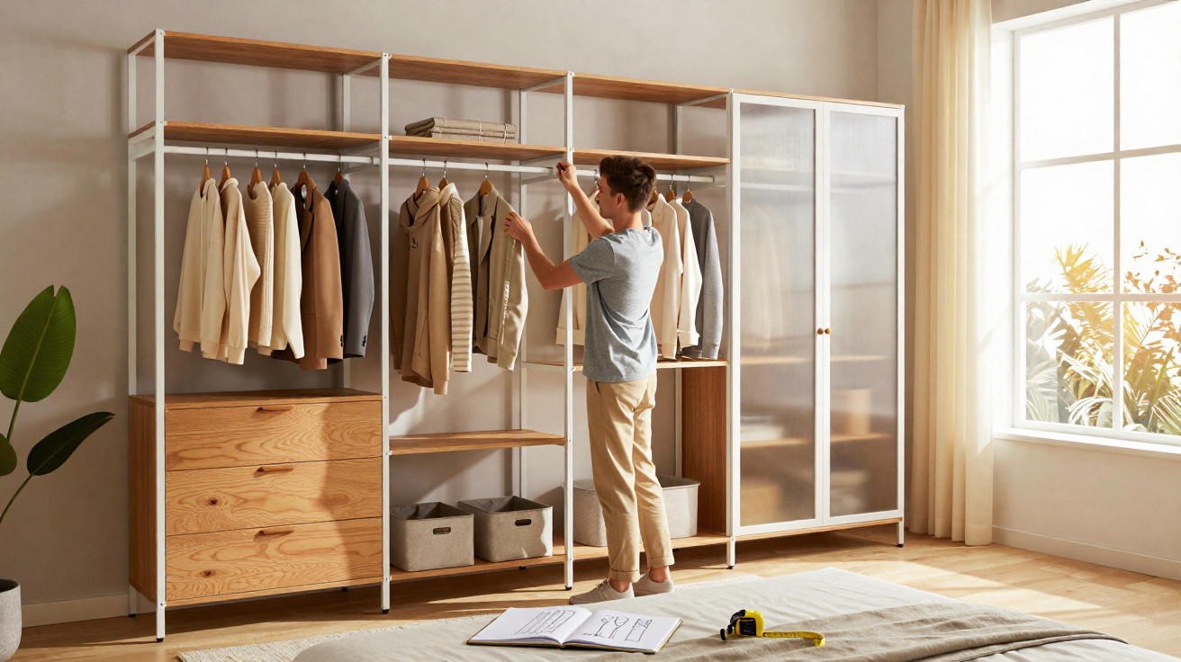 Person organising beige and neutral-toned clothes in a modern open wardrobe in a sunlit bedroom.