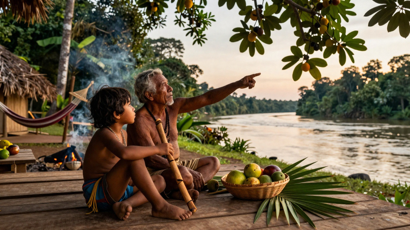 An elderly man and child sit on a wooden deck by a river, with fruit and tropical trees around them.