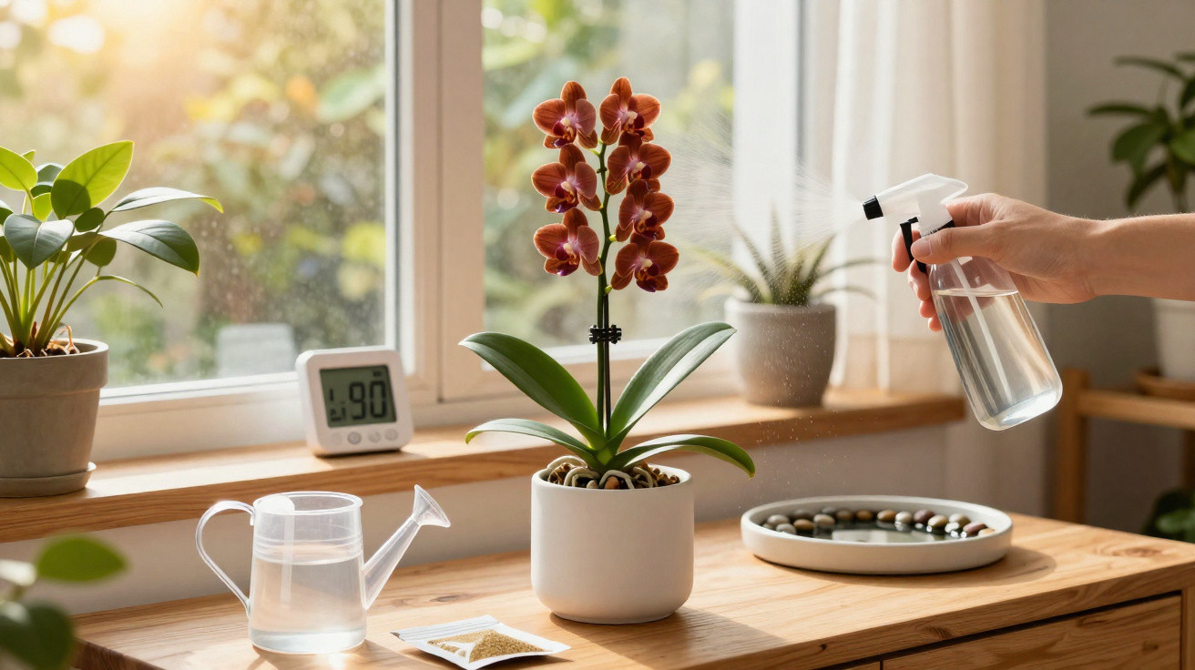 Hand spraying a blooming orchid with water on a sunlit wooden windowsill with plants and gardening tools.