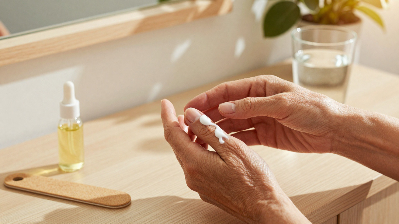 Hands applying white cream on skin near wooden table with oil bottle and glass of water in soft natural light.