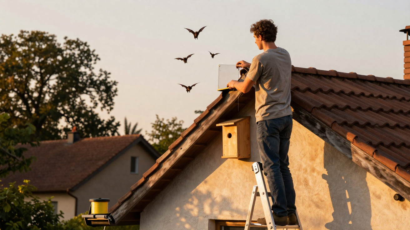 Man on ladder installing bird feeder on rooftop with birds flying in the sky at sunset.
