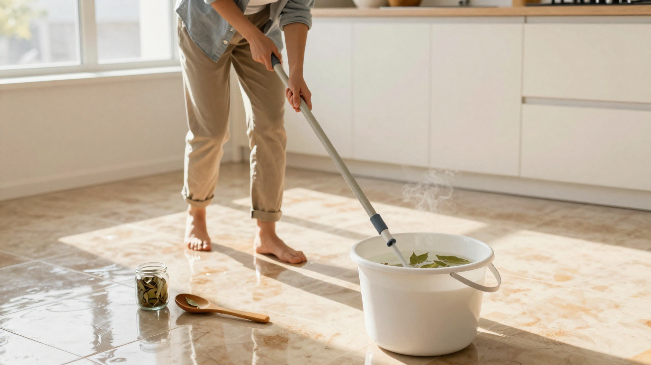 Person mopping a tiled floor with a white bucket and steam rising, jar and wooden spoon nearby.