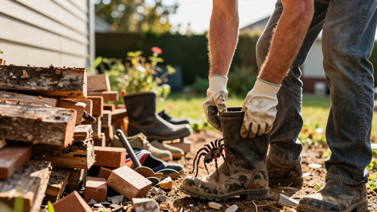 Man wearing gloves removing a large spider from a muddy boot outdoors near a pile of firewood and bricks.