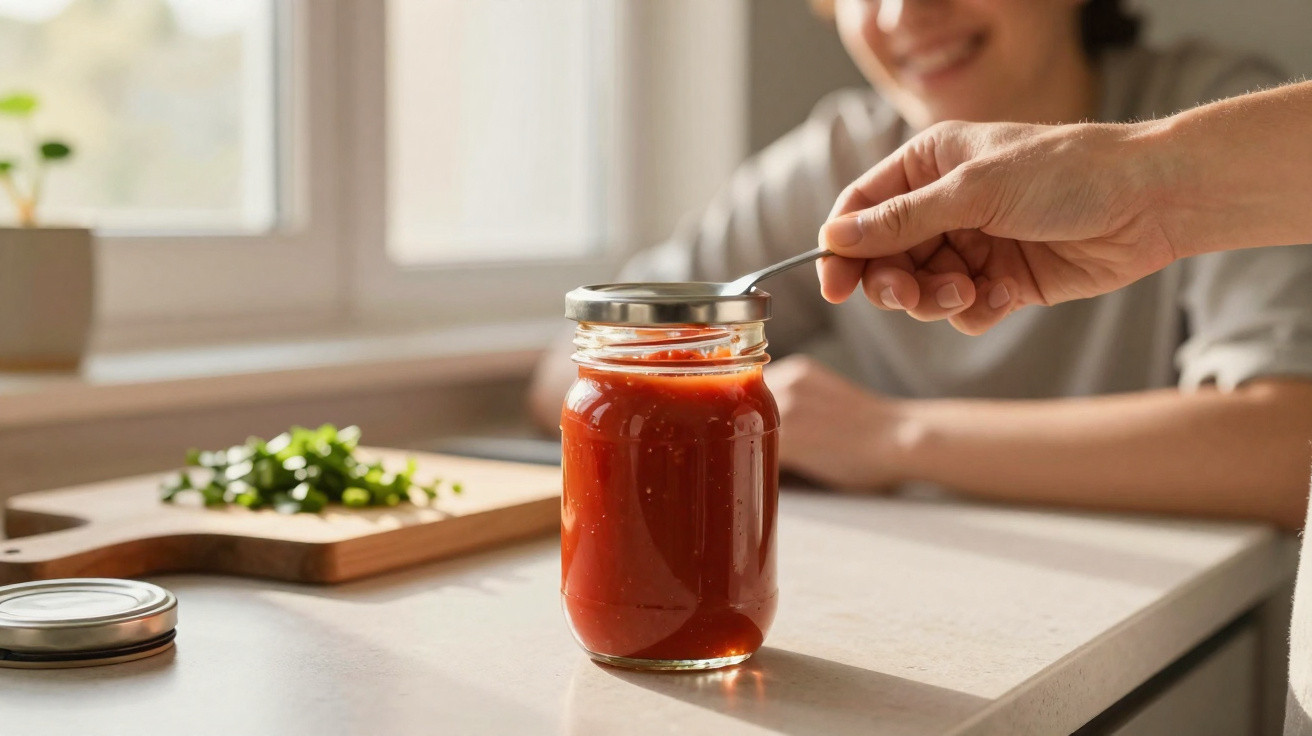 Hand holding a spoon scooping tomato sauce from a jar on kitchen counter with smiling woman in background.