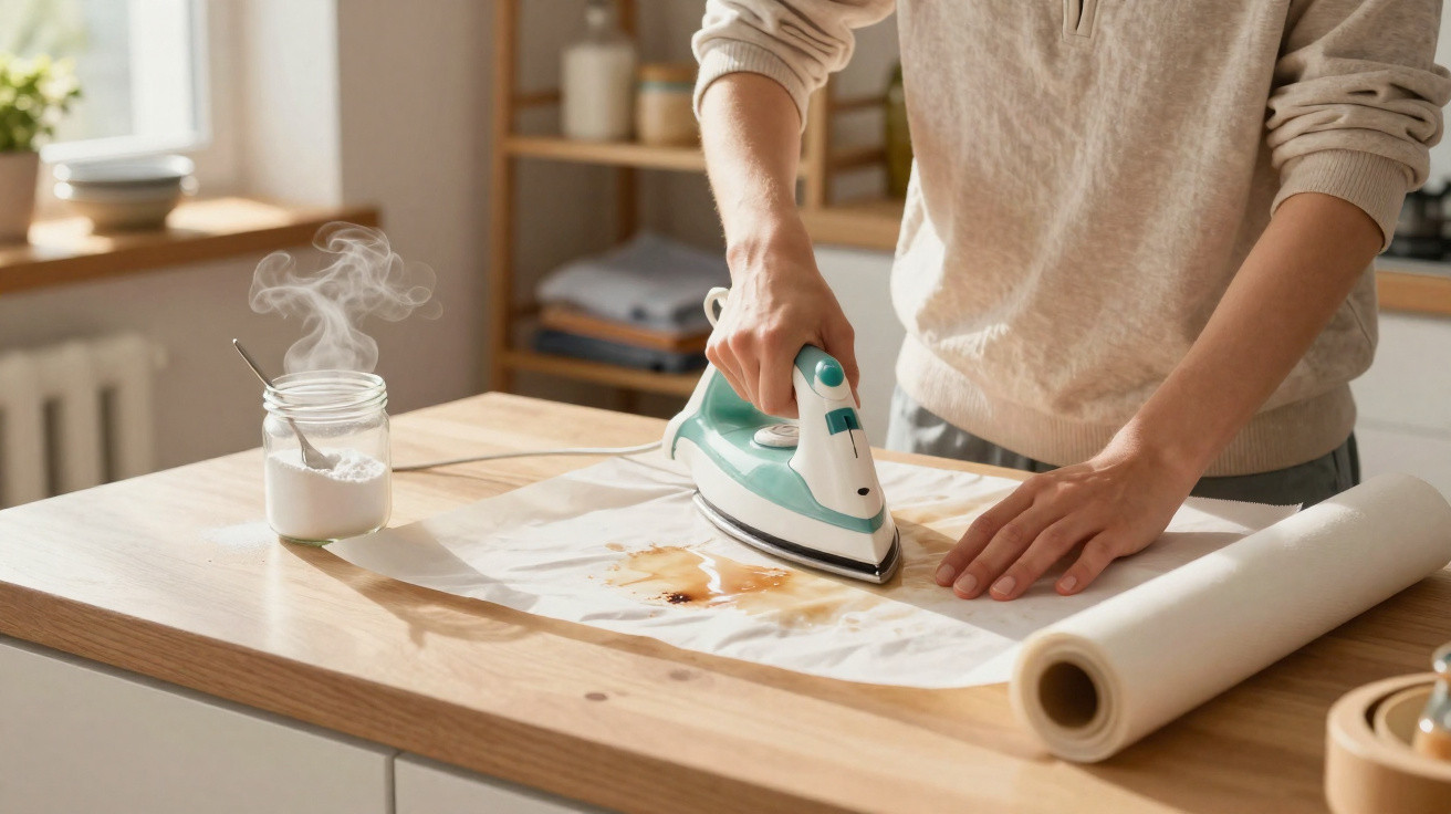 Person using an iron on a stained cloth covered with paper on a wooden kitchen countertop.
