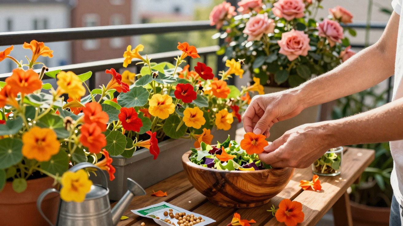 Person adding orange edible flowers from garden to wooden bowl on balcony table with watering can and roses.
