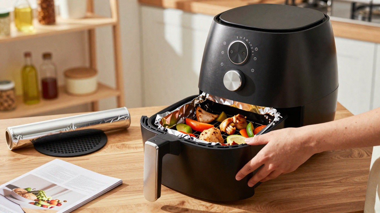 Person removing cooked vegetables and chicken from a black air fryer lined with foil on a wooden table.