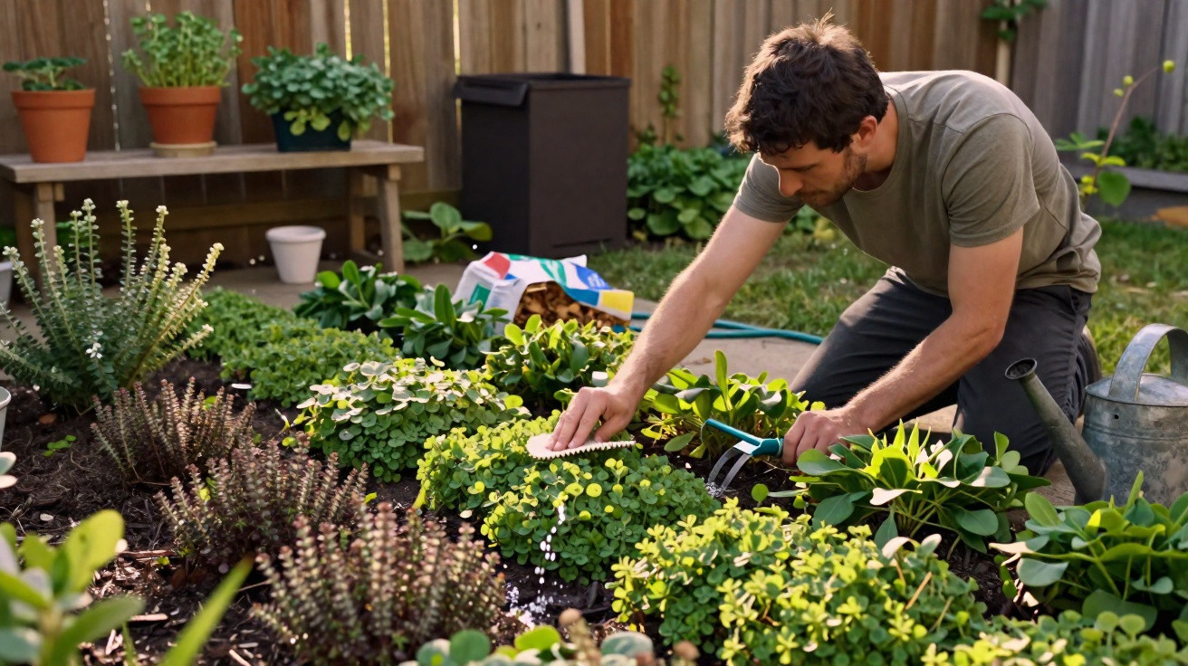 Man kneeling in garden, trimming and caring for leafy green plants and shrubs near wooden fence.