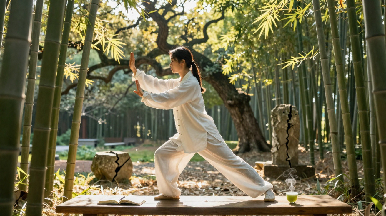 Person practising tai chi on wooden bench in bamboo forest with sunlight filtering through trees.