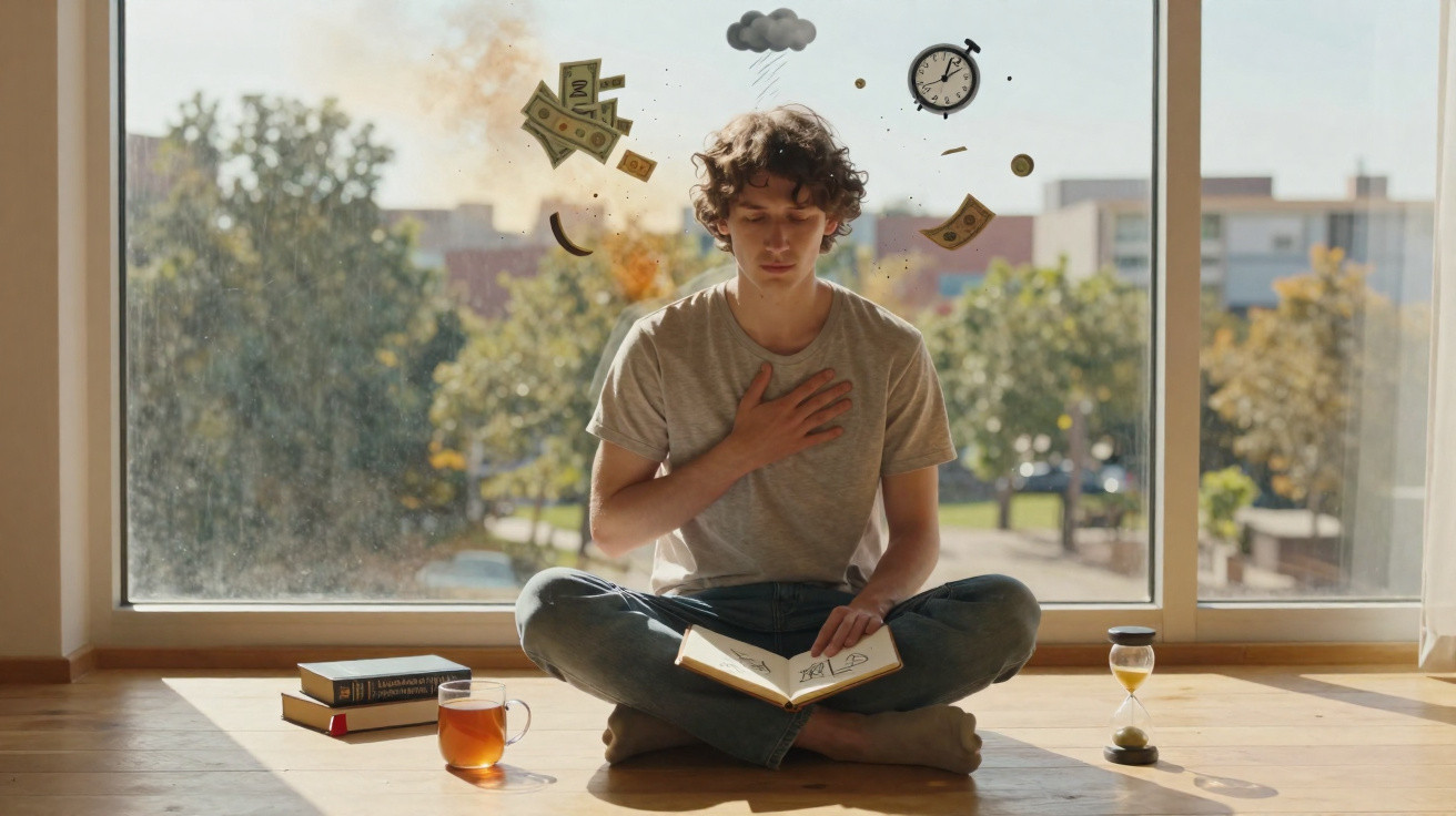 Young man meditating cross-legged indoors with floating symbols of money, time, and a clock around him.
