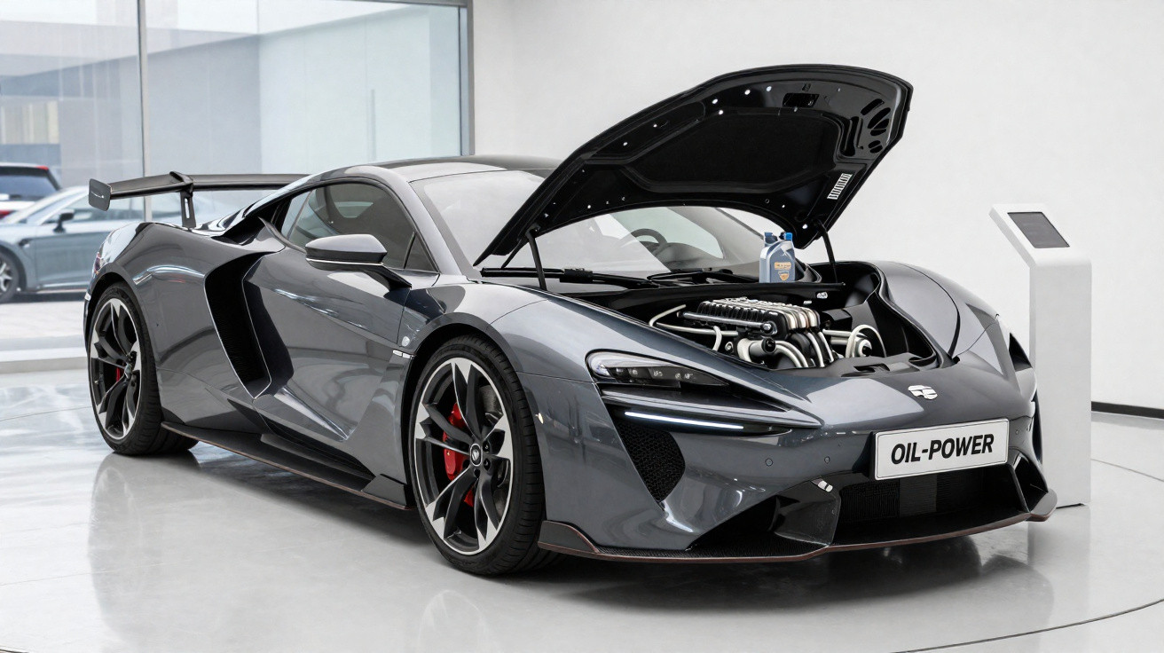 Grey sports car with hood open showing engine, displayed indoors on a polished floor with a sign beside it.