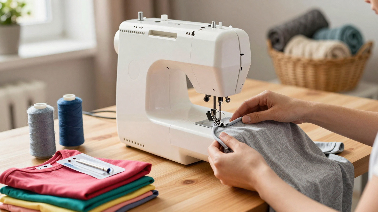 Hands sewing grey fabric on a white sewing machine with folded colourful clothes and thread spools nearby.