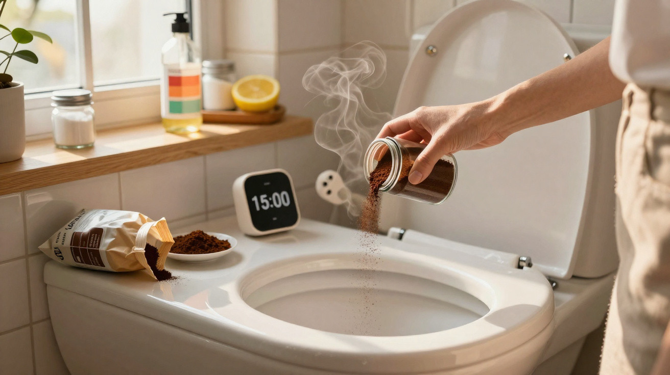 Hand pouring coffee grounds into a toilet bowl with steam rising, set in a bright tiled bathroom.