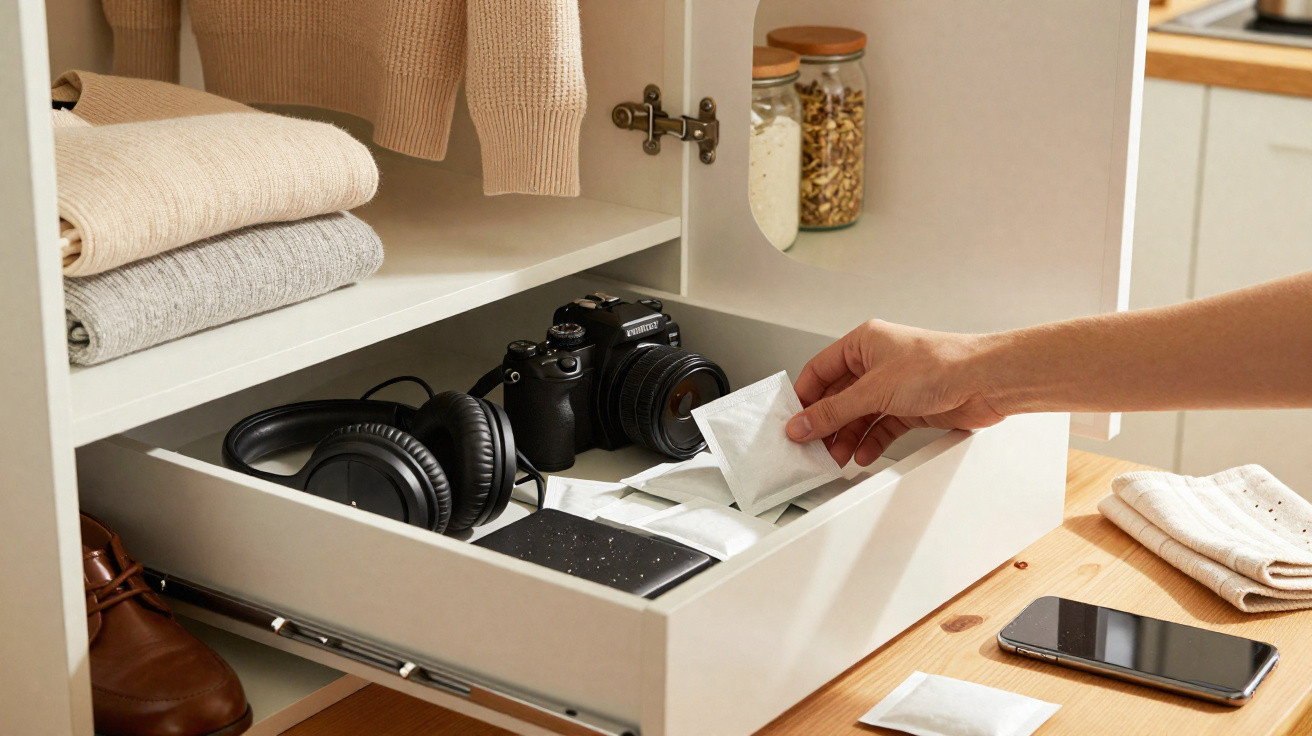 Hand placing a tea bag in a drawer with camera, headphones, passport, and folded sweaters in a cabinet.