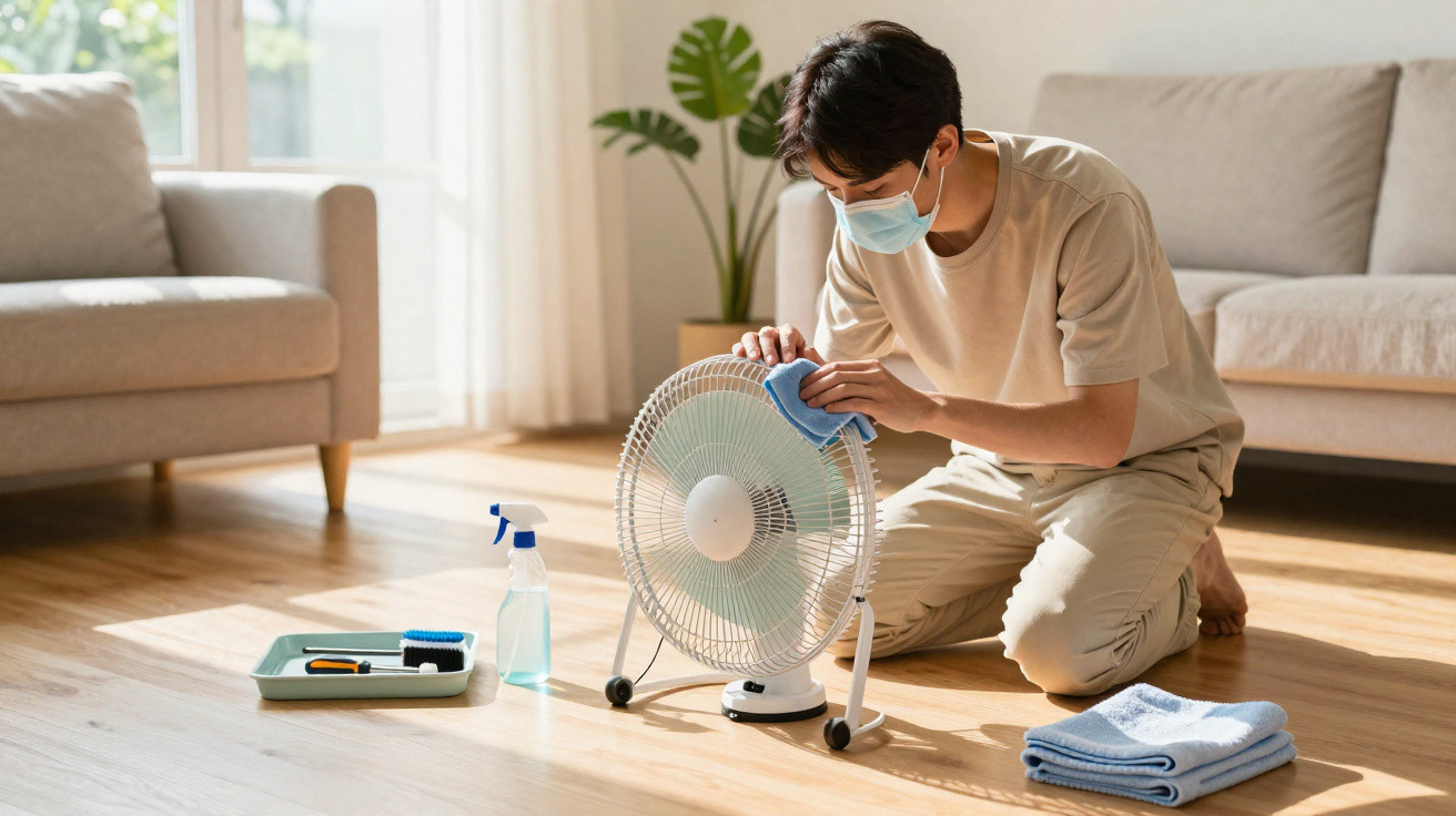 Person wearing a face mask cleaning a small white fan on a wooden floor in a sunlit living room.