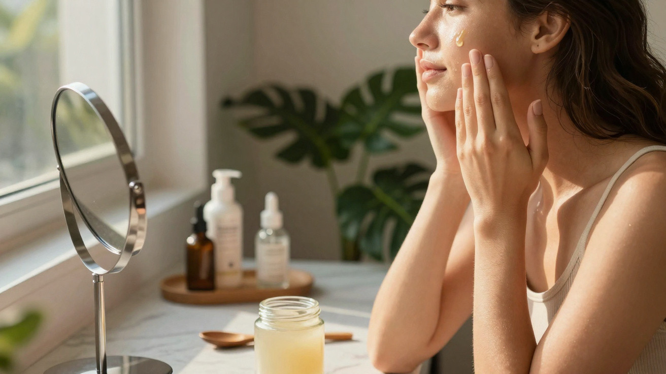 Woman applying cream to her face in front of a mirror with skincare products on a table by the window.