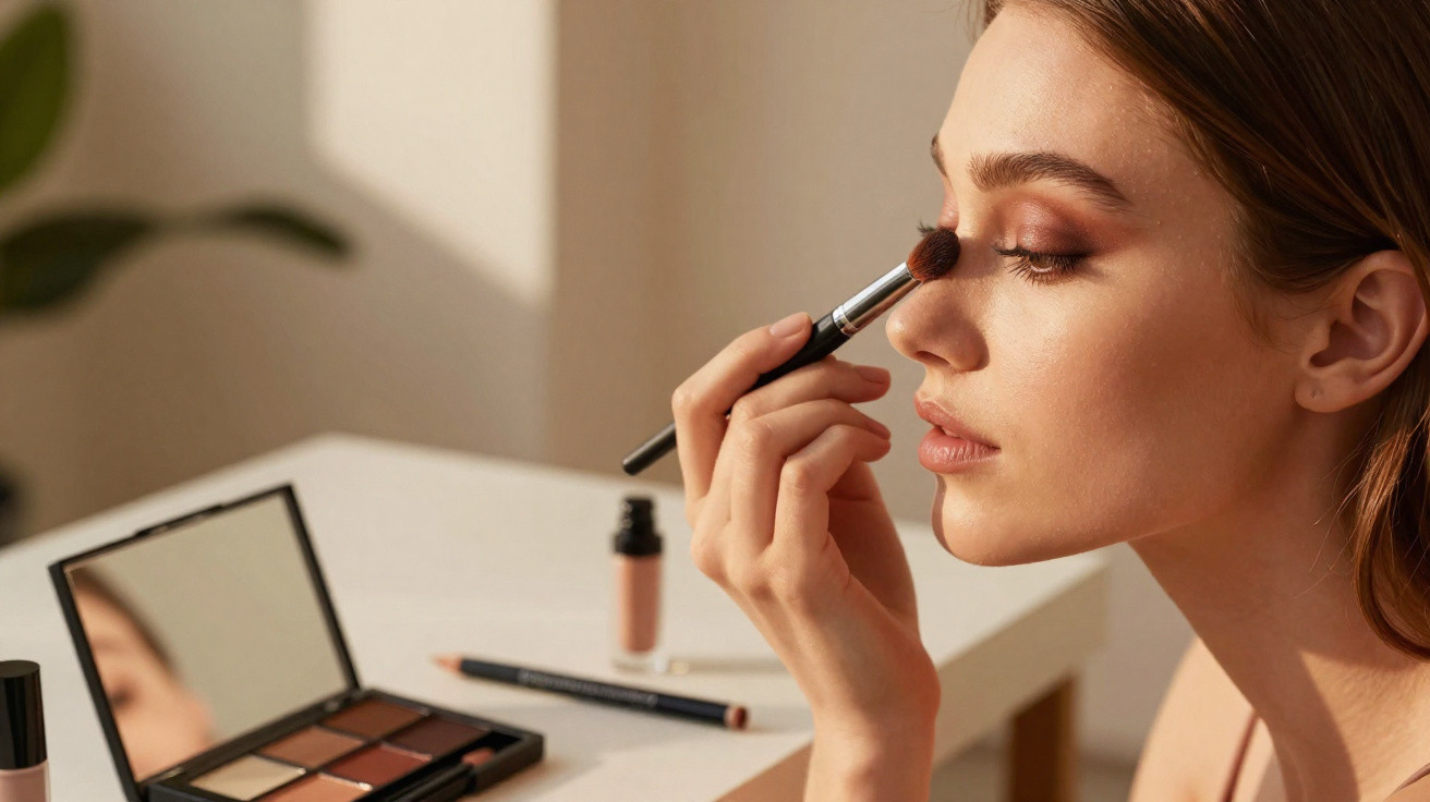 Woman applying eyeshadow with brush in front of mirror on white table with makeup products.