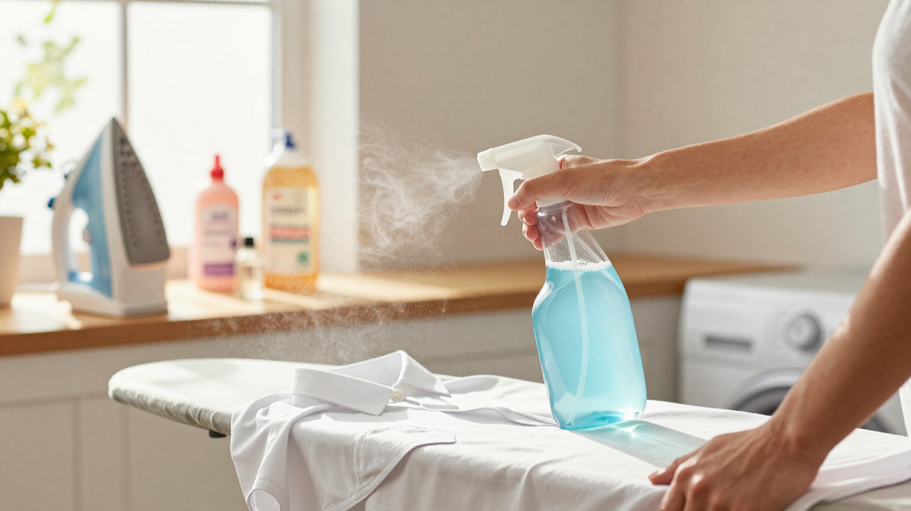 Person spraying blue liquid onto a white shirt on an ironing board in a laundry room.